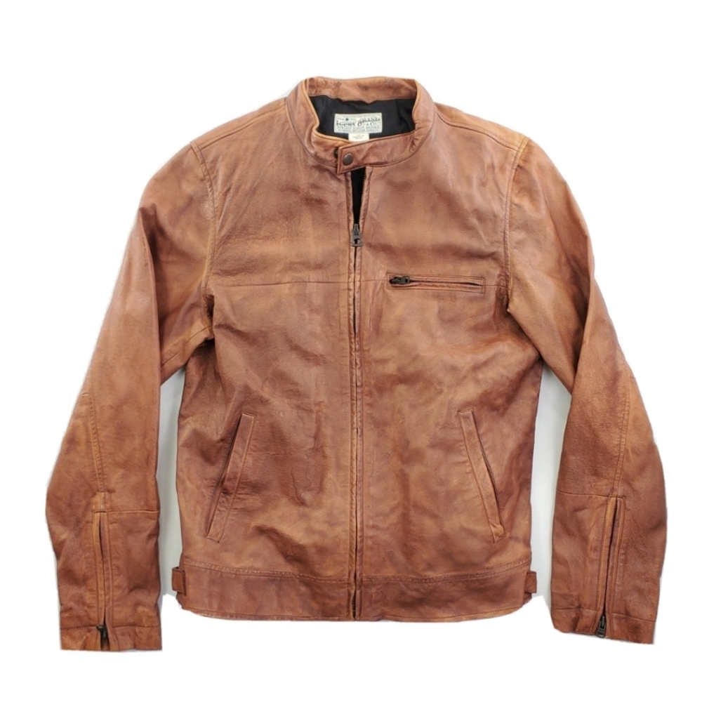 Lucky Brand Mens Leather Jacket Distressed Brown Lined sz Medium